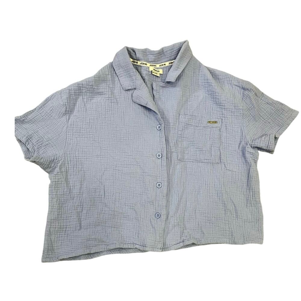 Jason Wu Waffle Knit Lounge Shirt, Button-Up Women’s Large, Light‎ Blue Cropped
